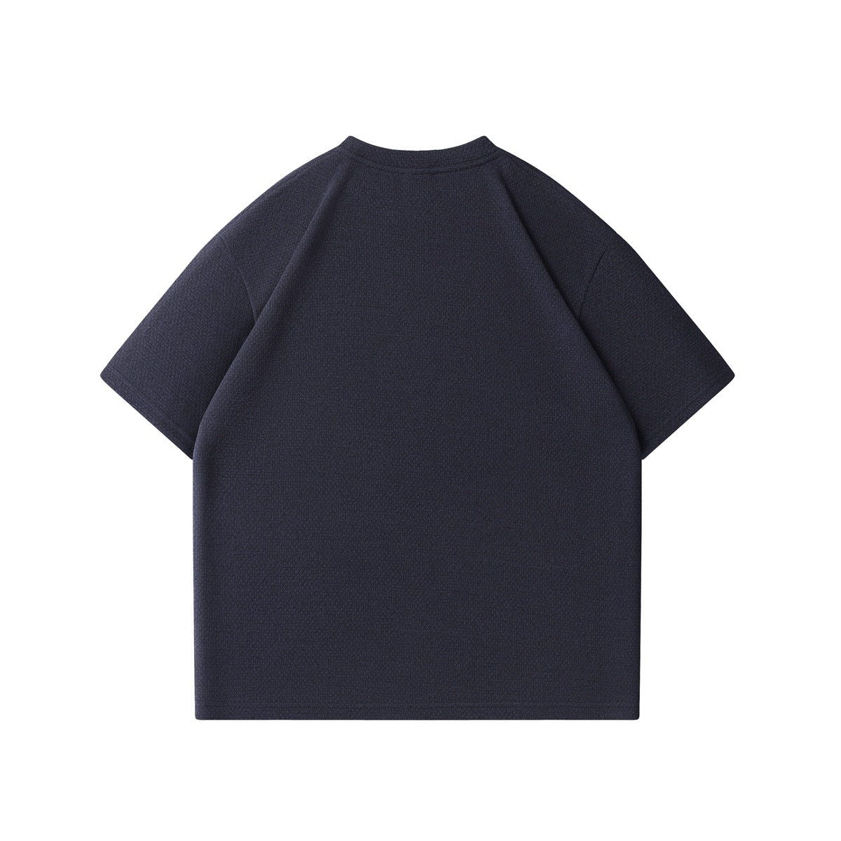 Back view of a plain dark navy short-sleeve crew-neck shirt with raglan seams, laid flat on white.