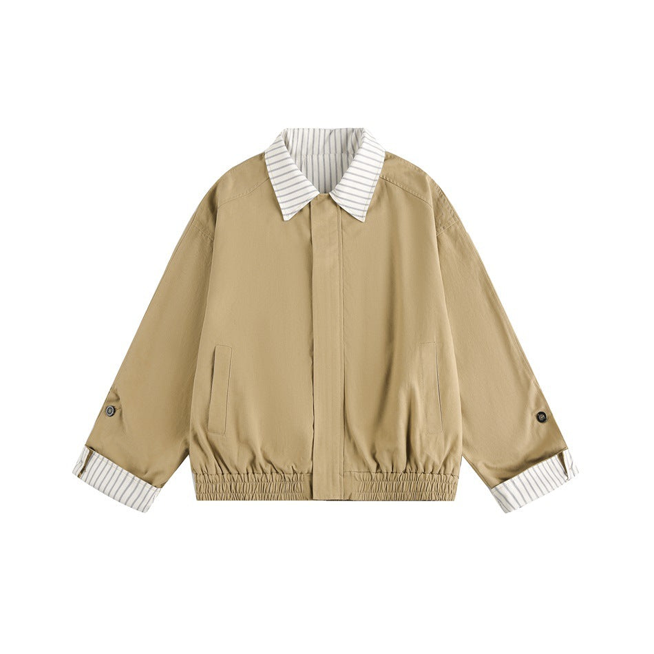 Khaki jacket flat lay with striped collar, striped inner cuffs, front pockets and elastic hem