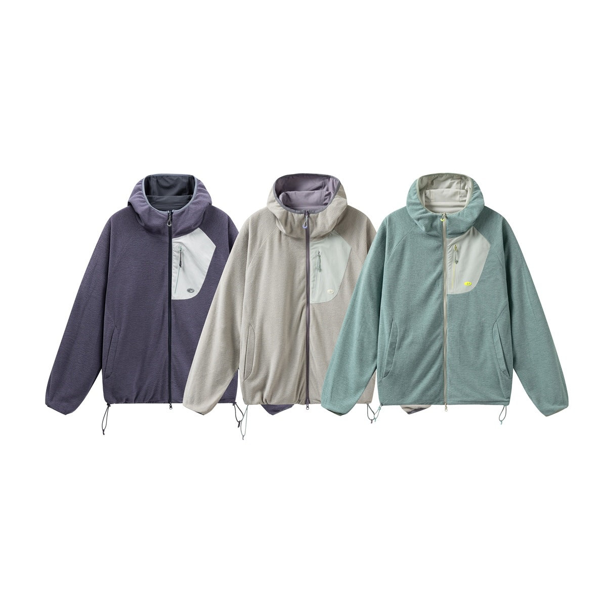 Three hooded zip jackets shown from the front in purple, beige, and muted teal.