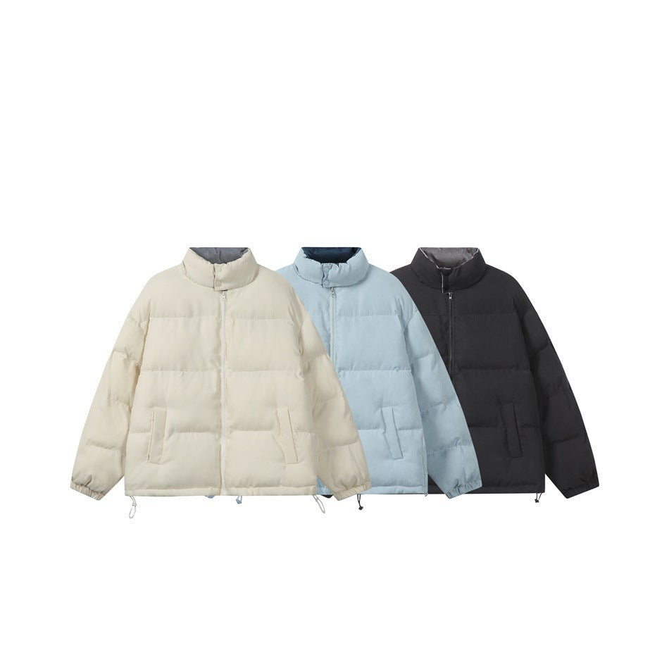 Three quilted zip-front puffer jackets shown together in ivory, pale blue, and black.