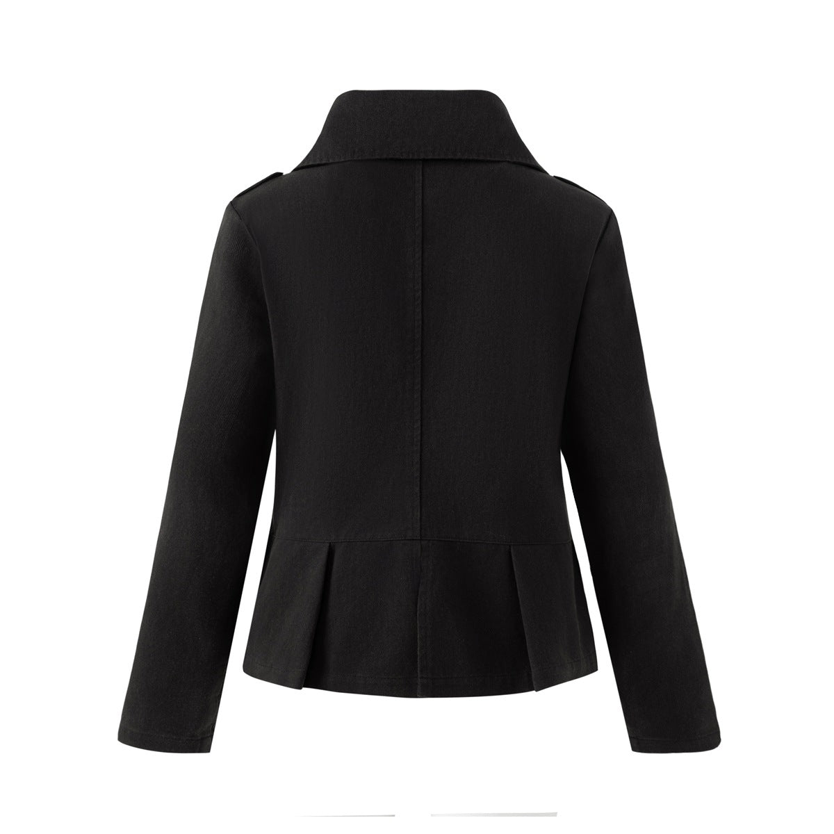 Back view of a black jacket with a raised collar, center seam, long sleeves, and a flared lower hem.