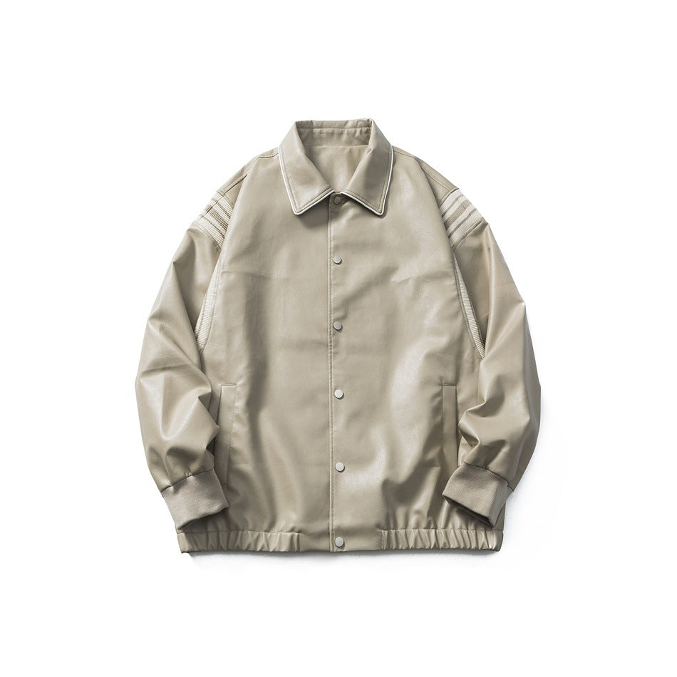 Khaki faux-leather collared jacket, flat front view with snap buttons, ribbed shoulder panels, cuffs and elastic hem