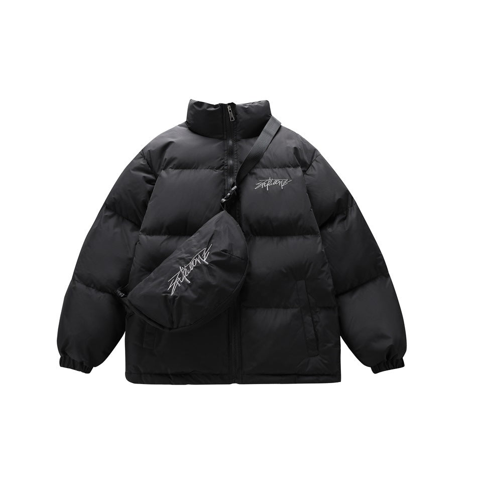Front view of a black quilted puffer jacket with a high collar, zipper and attached matching crossbody bag.