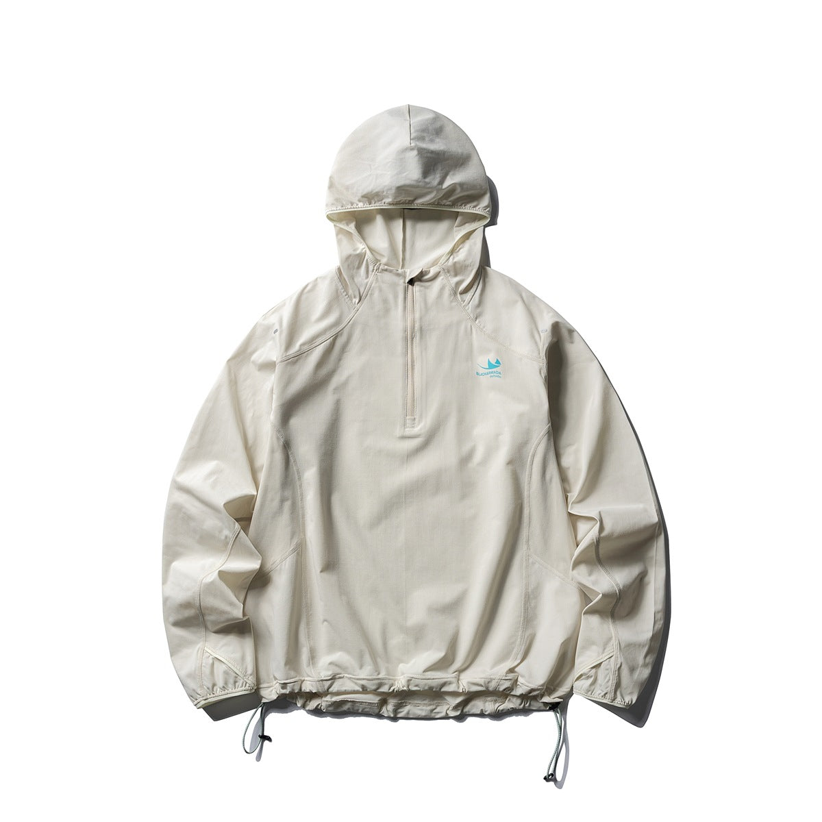 Cream white hooded half-zip jacket, flat front view, with drawstring hem and small teal chest logo