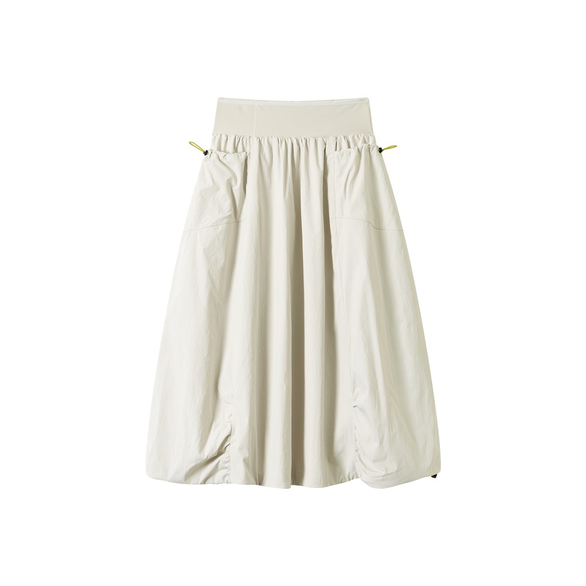 Beige balloon midi skirt with seamed elastic waistband, front pockets, yellow side toggles and gathered hem, flat view