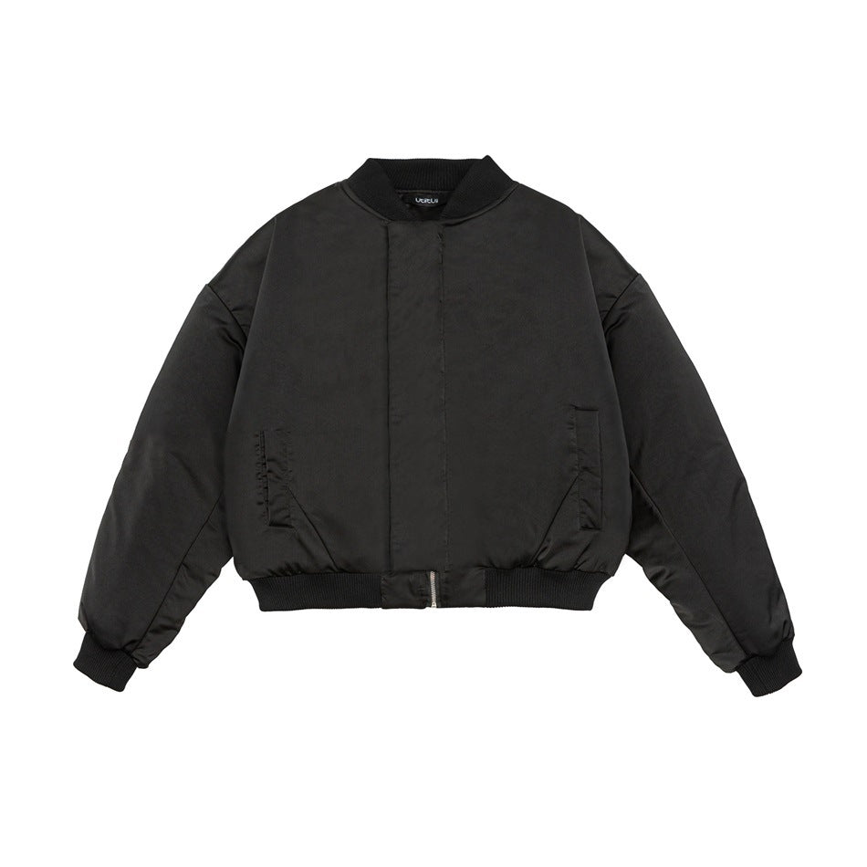 Black padded bomber jacket, front flat lay with ribbed stand collar, front zip placket, slanted pockets and ribbed hem