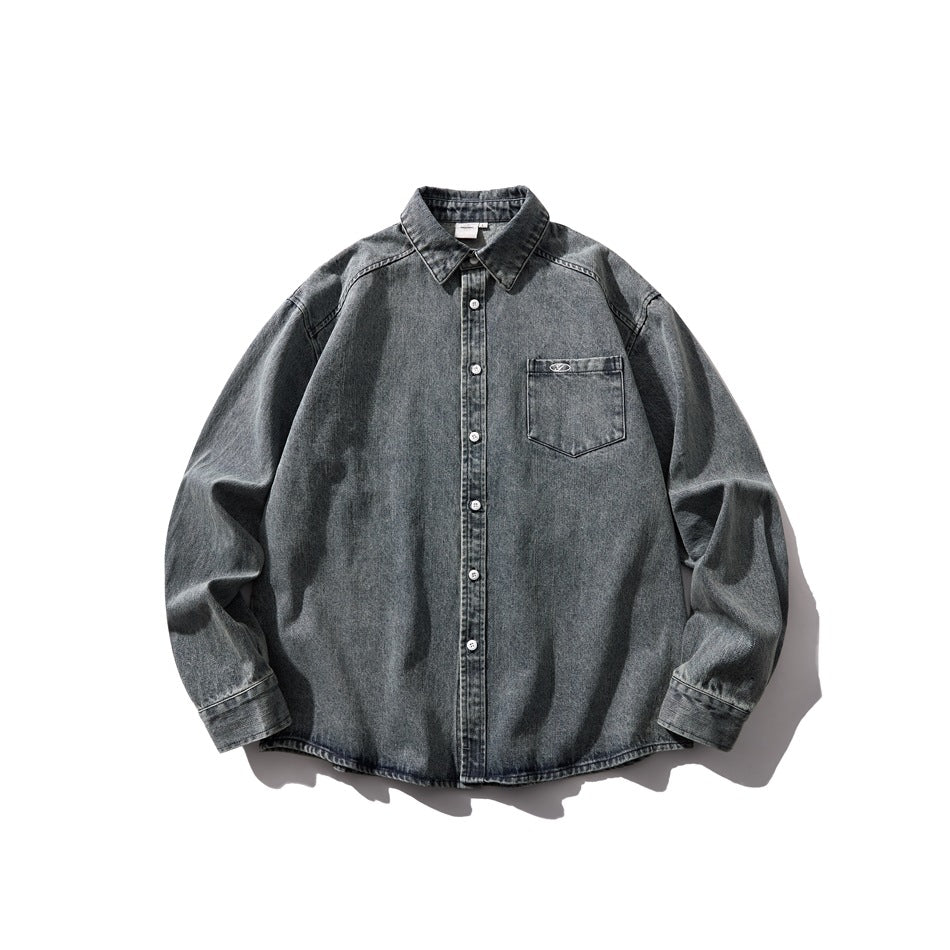 Washed gray-blue denim button-up shirt laid flat, front view with chest pocket and button cuffs