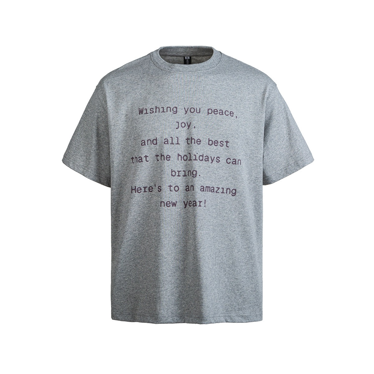 Heather gray crew-neck T-shirt with purple typewriter-style holiday message print, flat front view