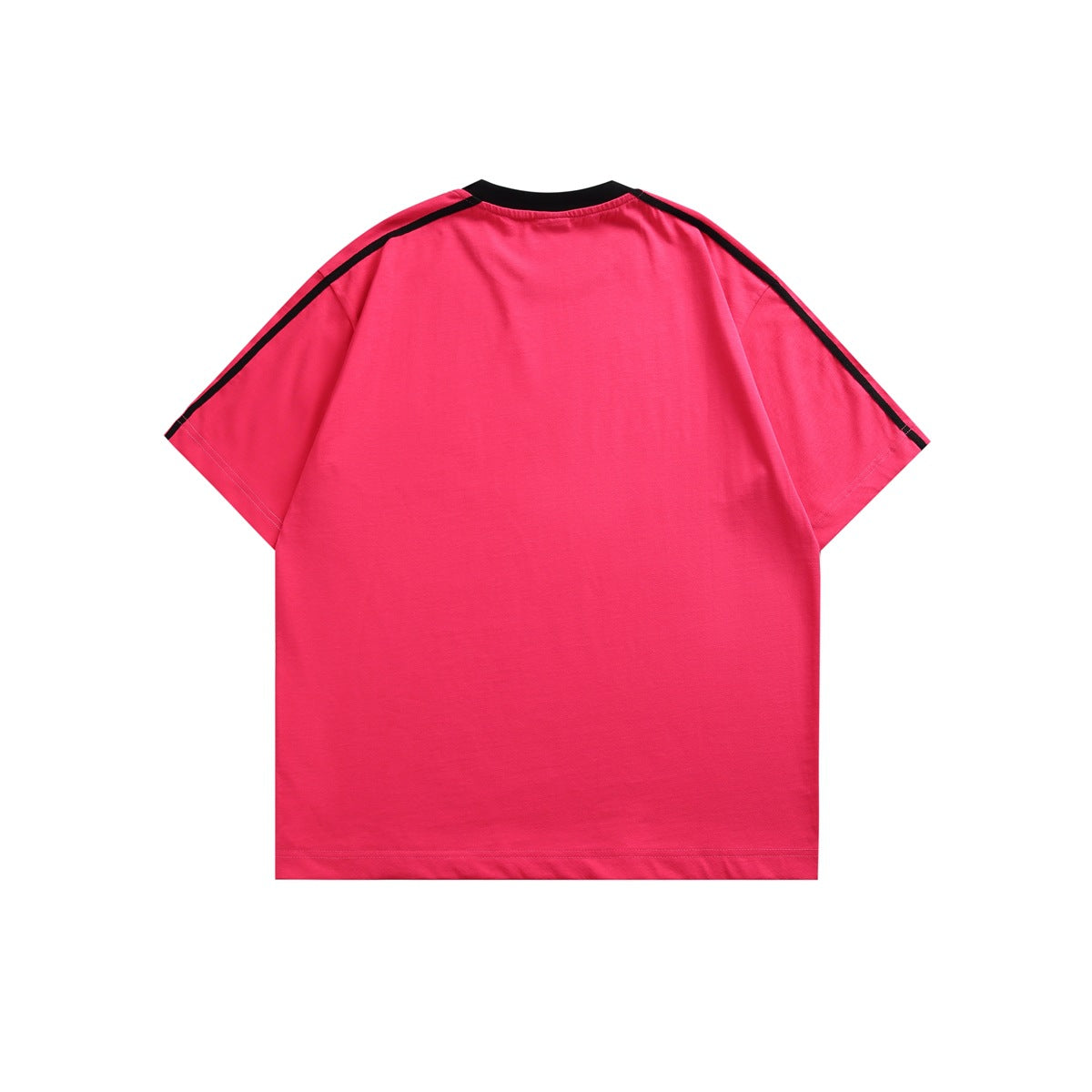 Back view of a bright pink short-sleeve T-shirt with a black crew neck and black shoulder stripes.