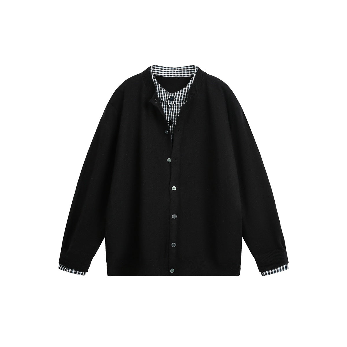 Black button-front knit cardigan with black and white checked collar and cuff layer, flat front view