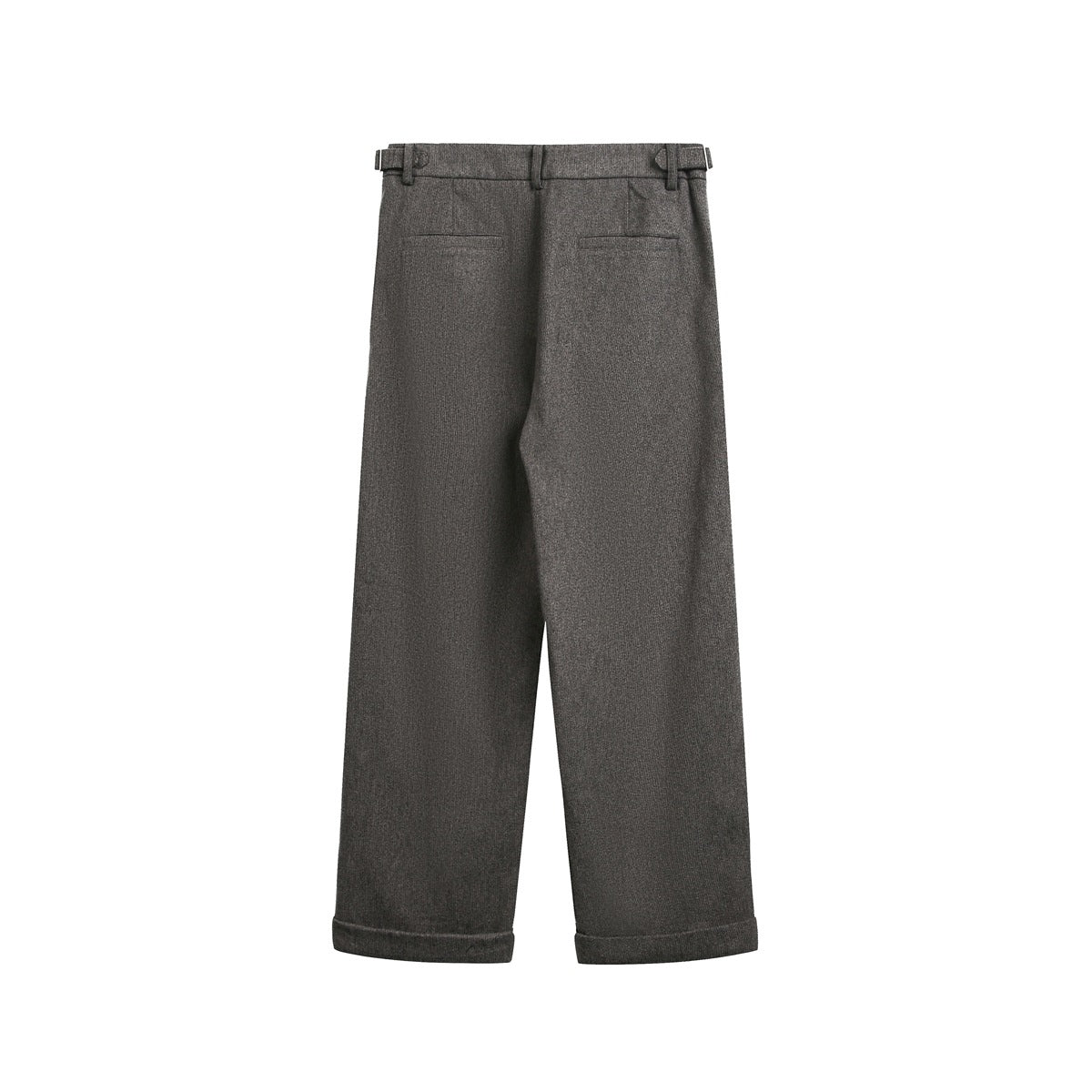 Back view of charcoal wide-leg trousers with belt loops, two welt pockets, and cuffed hems.