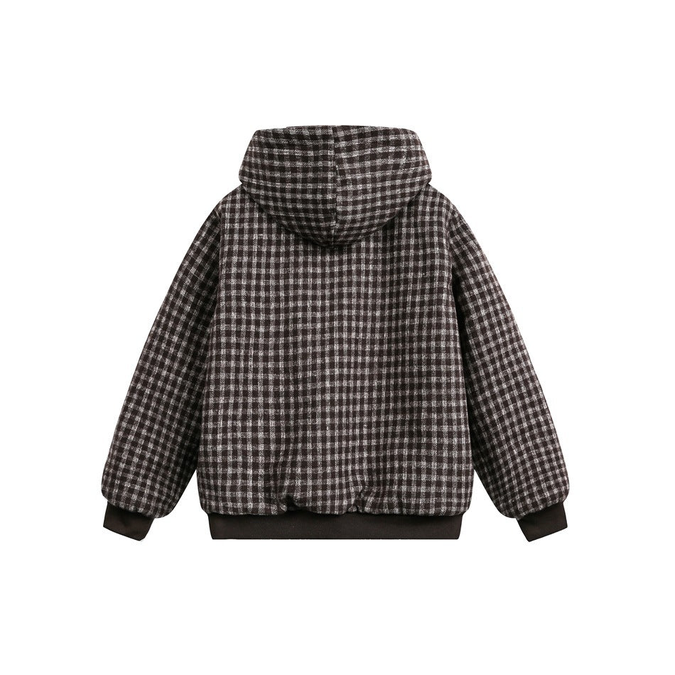 Back view of a dark gray and black checkered hooded jacket with dark ribbed cuffs and hem.