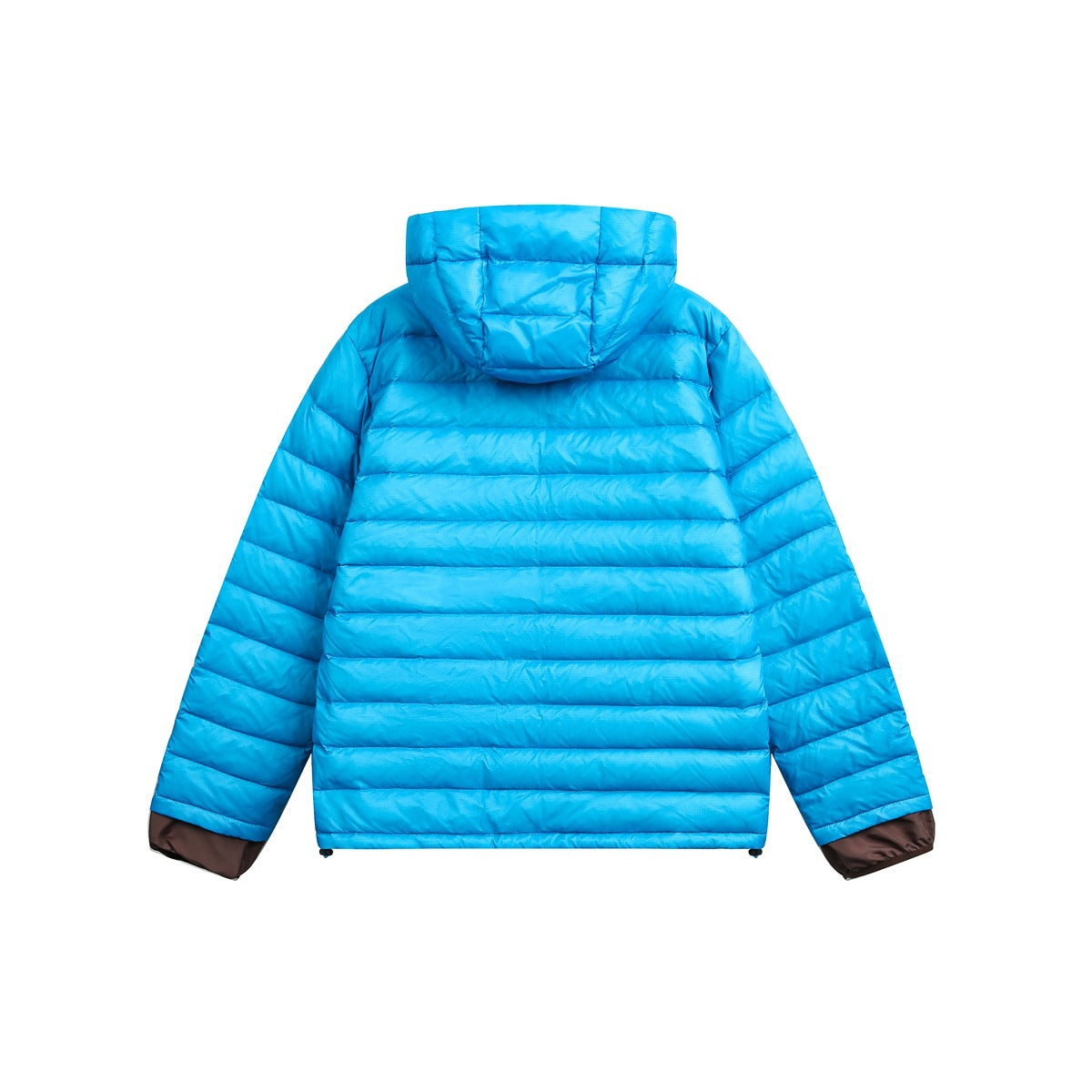 Back view of a bright blue hooded puffer jacket with horizontal quilting and dark cuffs.
