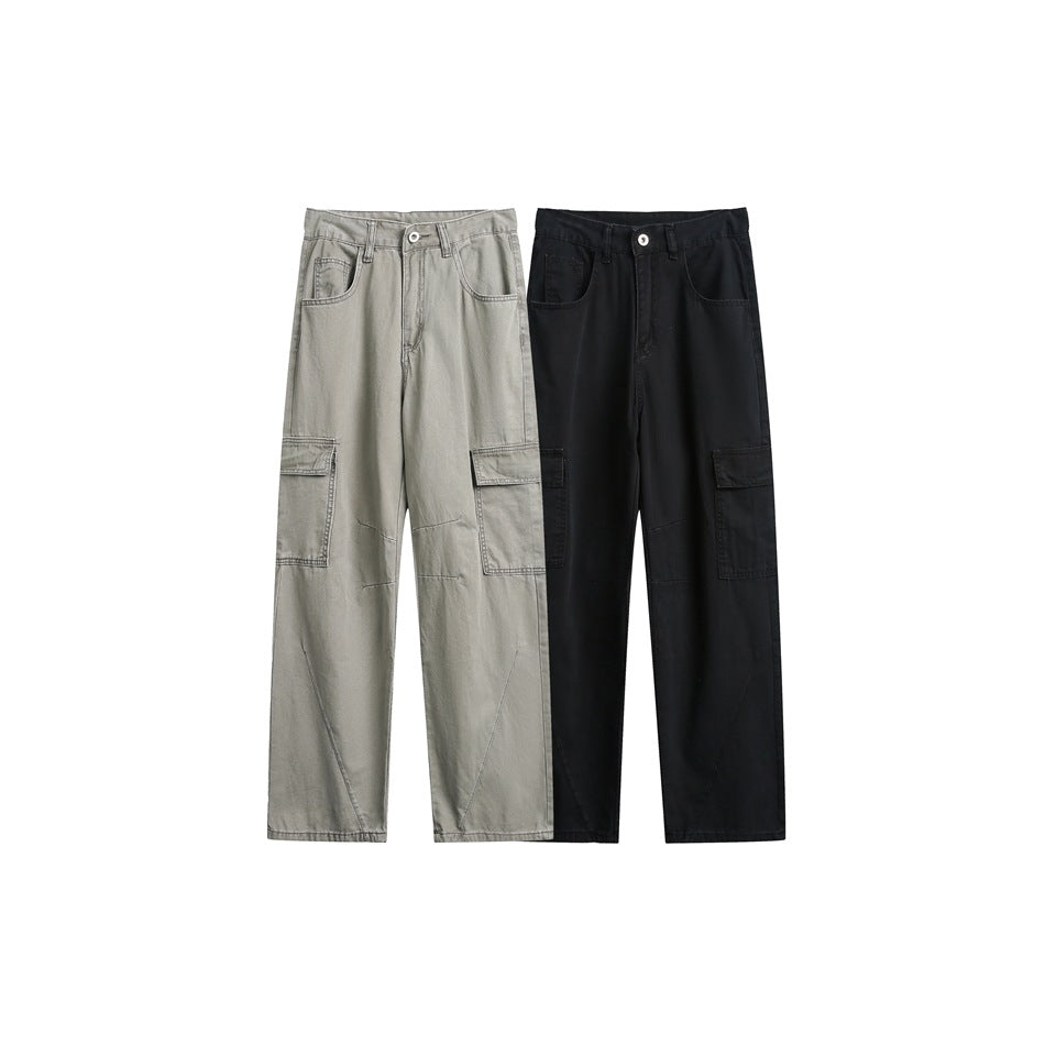 Two pairs of wide-leg cargo pants shown from the front in light gray and black.
