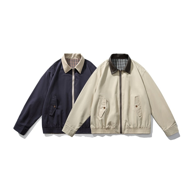 Navy and khaki zip-front jackets shown together in flat lay, each with a plaid collar underside and flap pockets