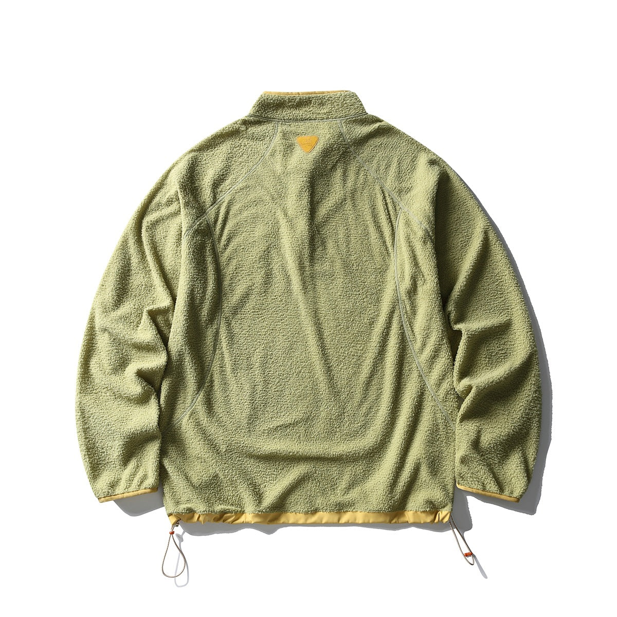 Back view of an olive green textured jacket with yellow trim and adjustable hem cords.