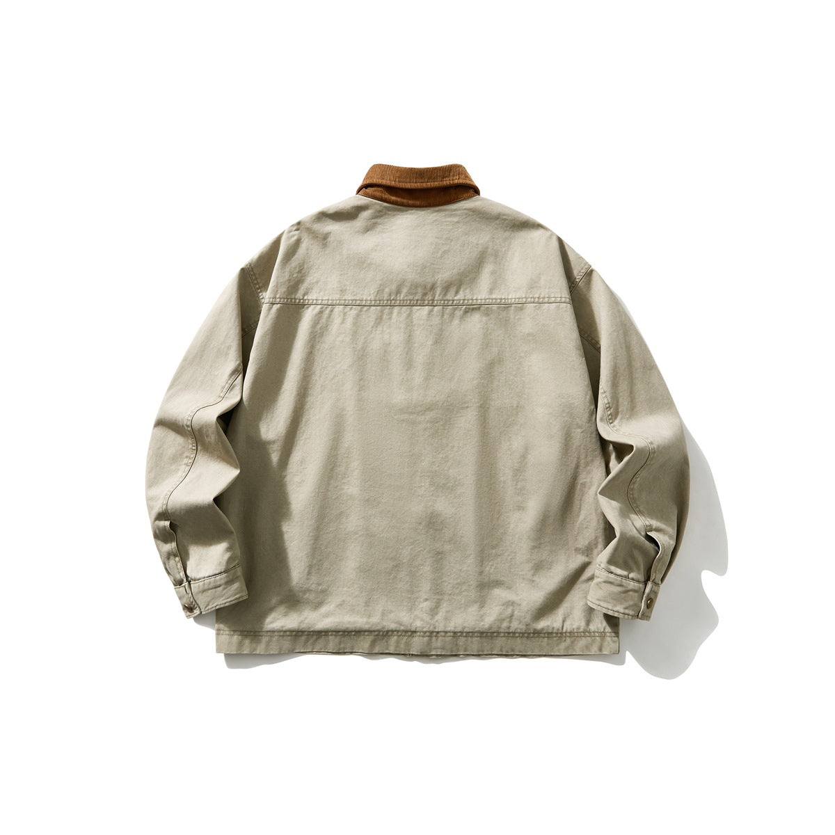 Back view of a beige jacket with a brown collar, long sleeves and a horizontal shoulder seam.