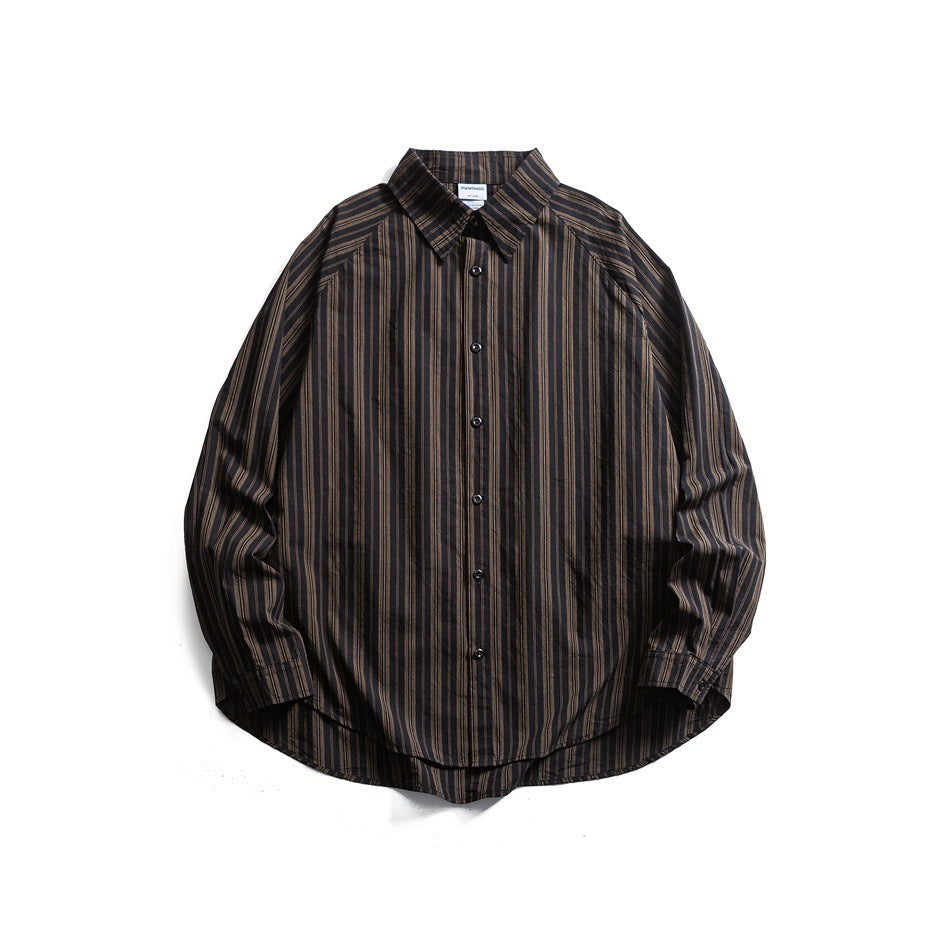 Black and brown vertical-striped long-sleeve button-up shirt with pointed collar, flat lay front view