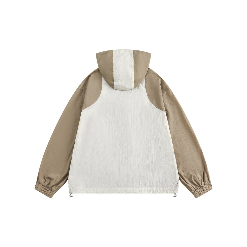 Back view of a taupe hooded jacket with an ivory center panel and ivory hood stripe.