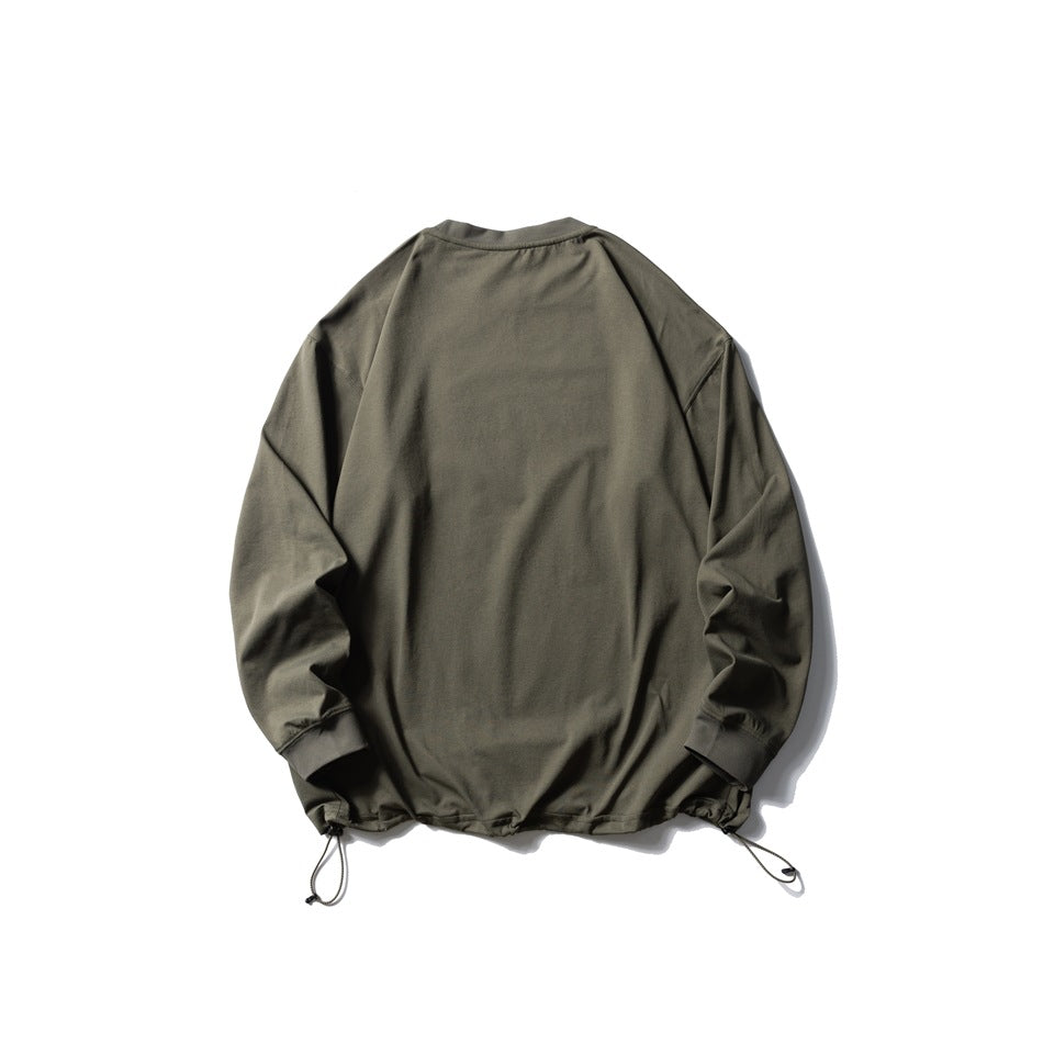 Back view of an olive green long-sleeve crewneck pullover with ribbed cuffs and adjustable drawcords at the hem.