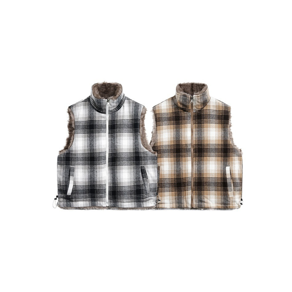Two front views of zip-up plaid vests with fur-trimmed collars and armholes, one gray and one tan.