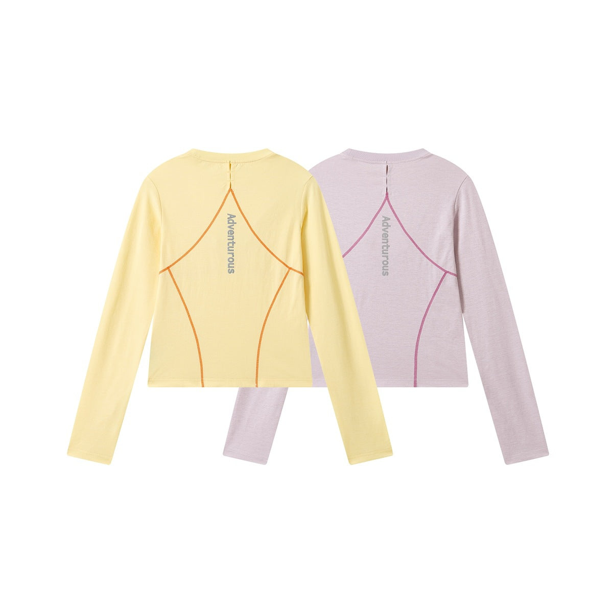 Back view of two long-sleeve cropped tops, one pale yellow with orange seams and one pale lavender with pink seams.