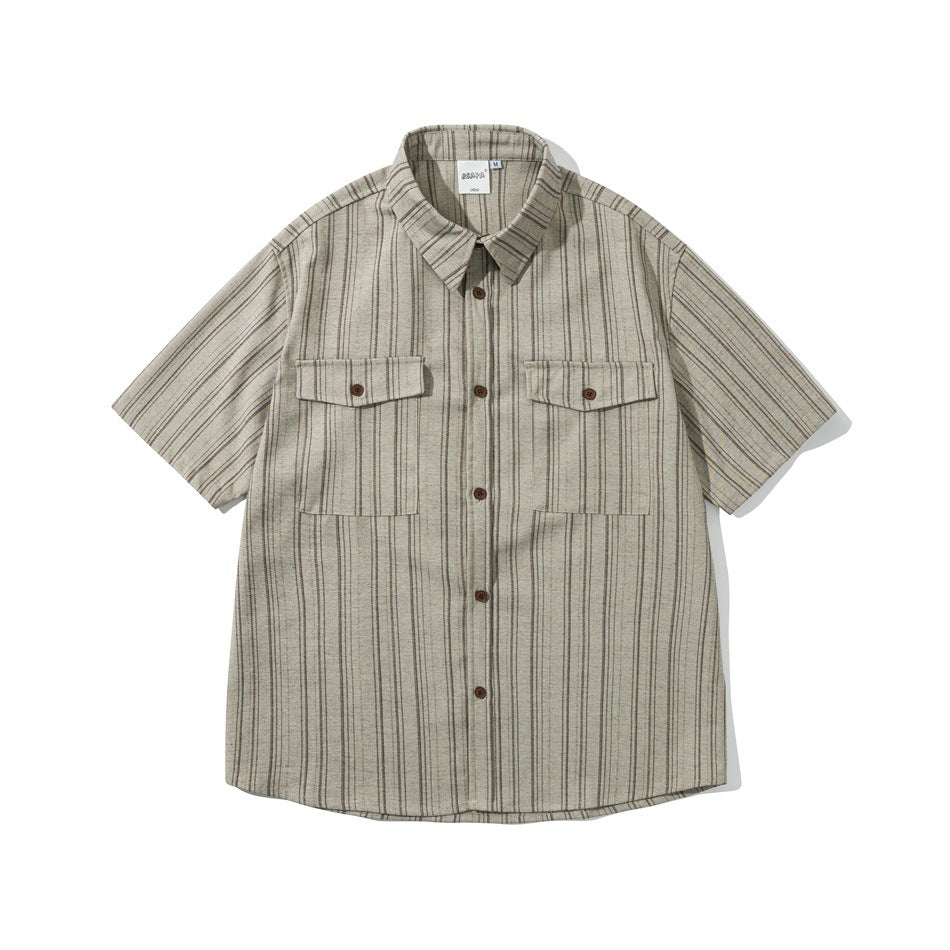 Khaki striped short-sleeve button-up shirt with two flap chest pockets, flat lay front view
