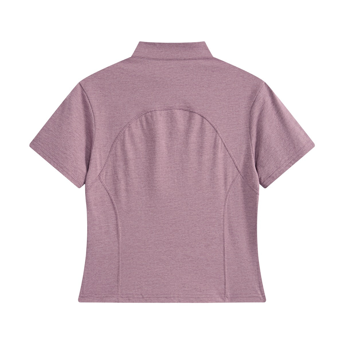 Back view of a heathered mauve short-sleeve top with a stand collar and curved back seam.