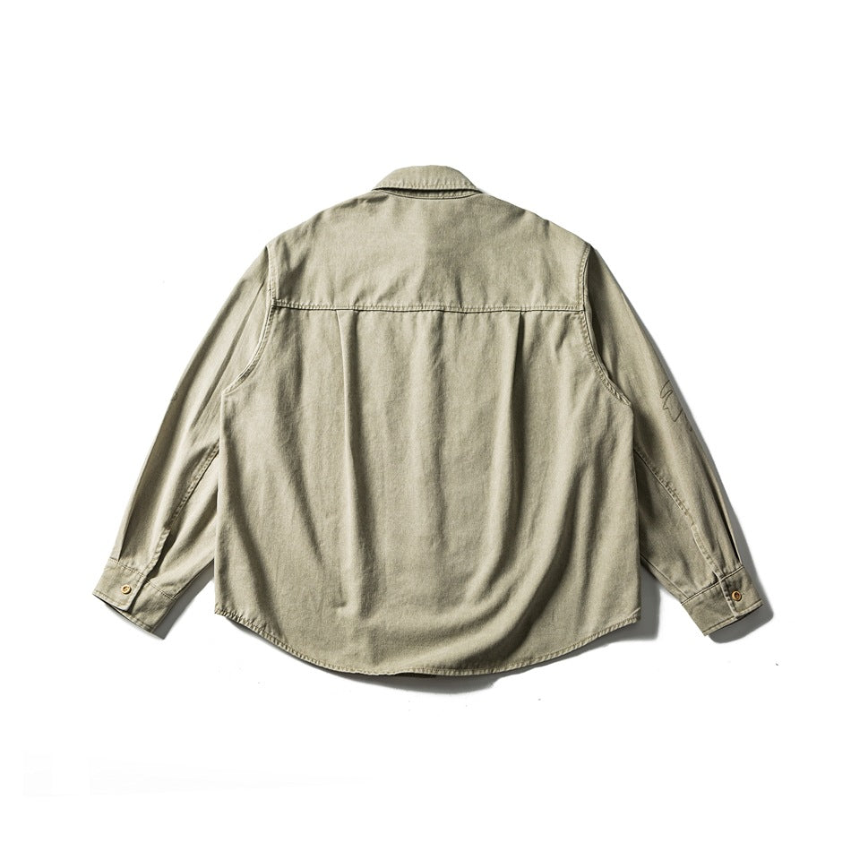 Back view of an olive-gray long-sleeve button-up shirt with a yoke seam and buttoned cuffs.