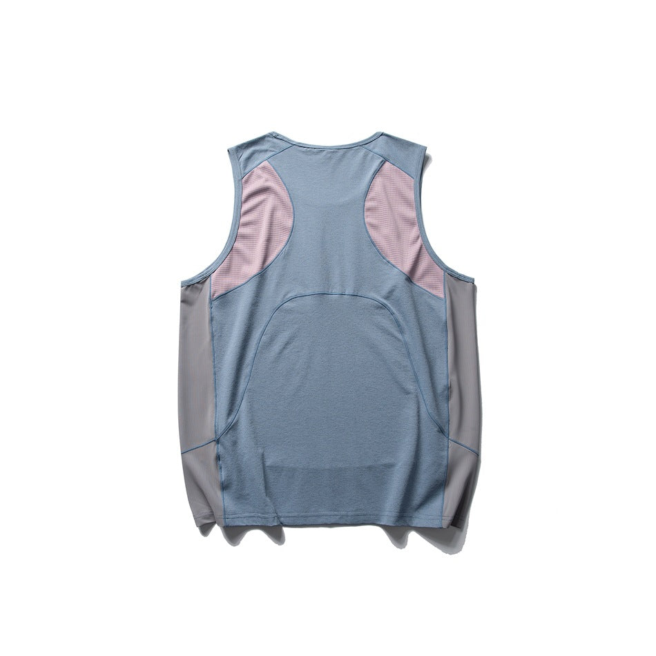 Back view of a blue-gray sleeveless top with pale pink mesh panels and contrasting gray side panels.