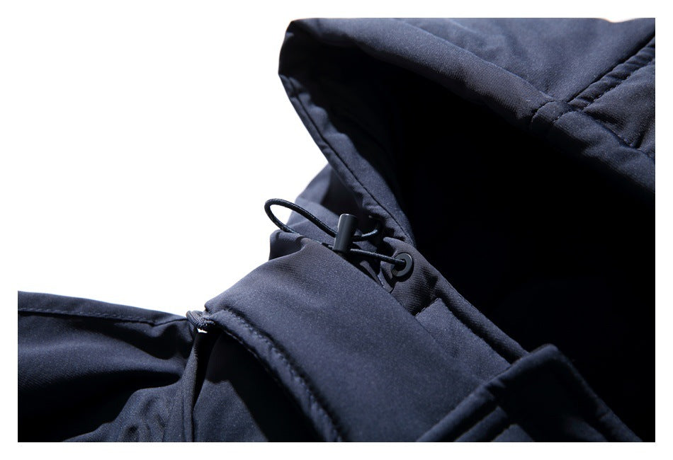 Close-up of a dark navy jacket hood with an adjustable drawcord and toggle.