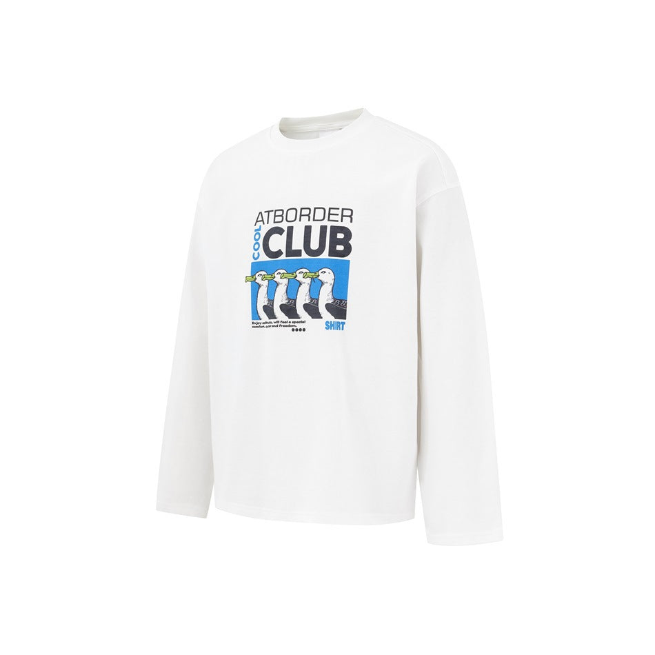 Front view of a white long-sleeve crewneck shirt with a colorful duck graphic on the chest.