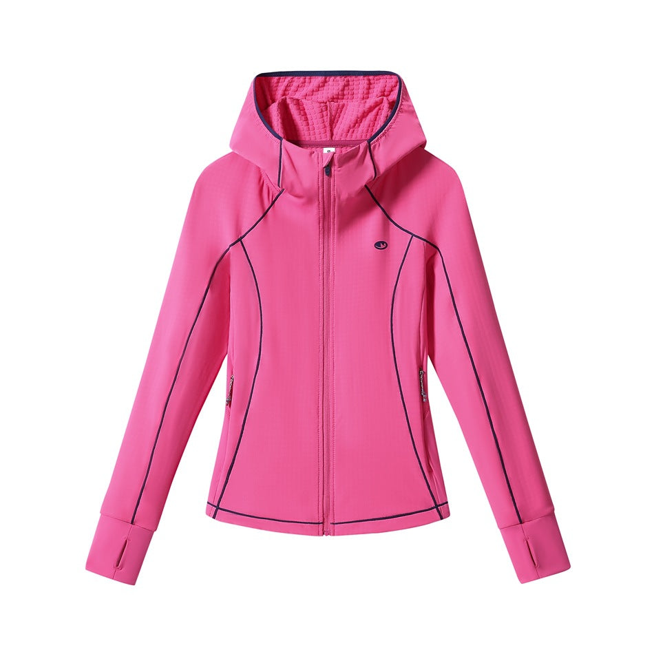 Bright pink full-zip hooded jacket with navy topstitching and thumbhole cuffs, flat front view