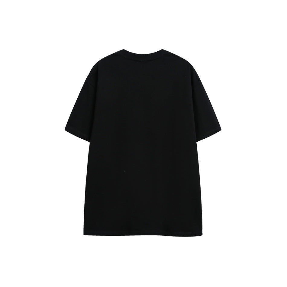 Plain black short-sleeve crew-neck T-shirt shown from the back on a white background.