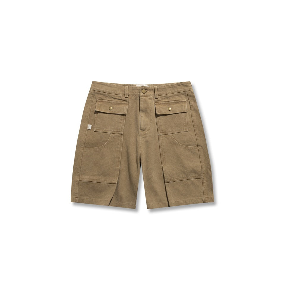 Khaki knee-length cargo shorts, front view, with two snap flap pockets, panel seams and a button waist