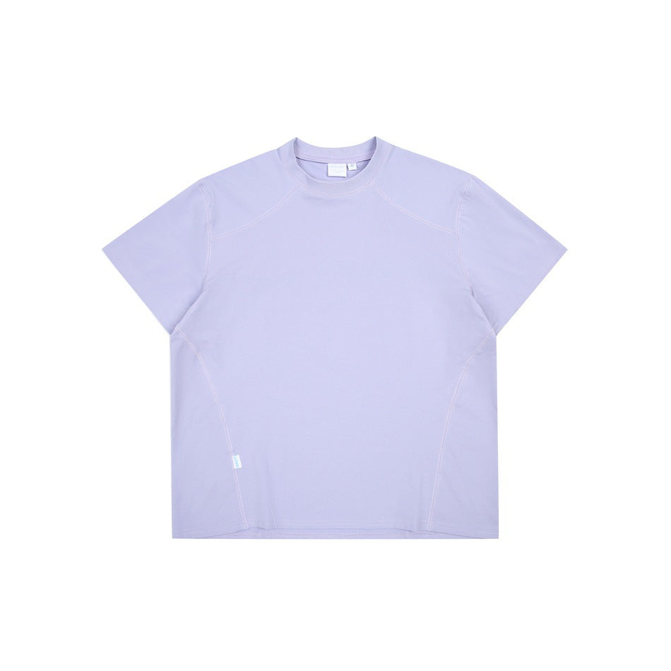 Light purple short-sleeve crew-neck T-shirt flat lay with curved side panel seams
