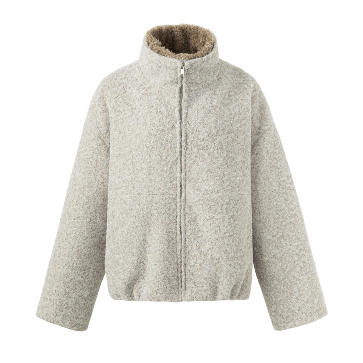 Light oatmeal-gray textured zip-up jacket with tan pile-lined stand collar, flat lay front view
