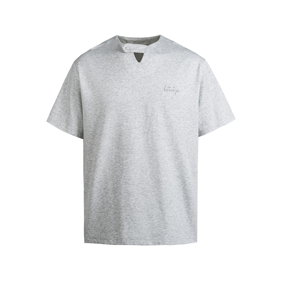Heather gray short-sleeve T-shirt front with snap-tab neckline, V-notch and small embroidered chest script