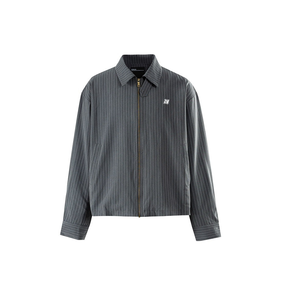 Gray pinstripe zip-up jacket with pointed collar and small embroidered chest emblem, front view on white