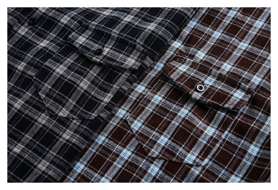 Close-up of chest pockets and buttons on black-gray and brown-blue plaid shirts.