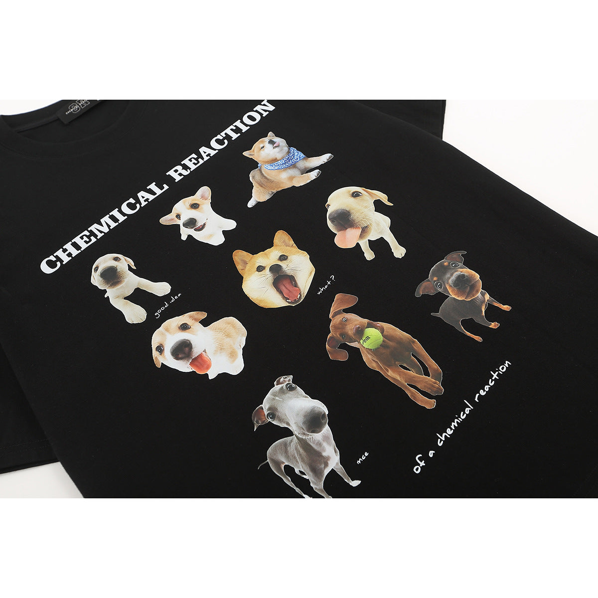 Close-up of a black T-shirt with a large collage of dog photos and white Chemical Reaction lettering.