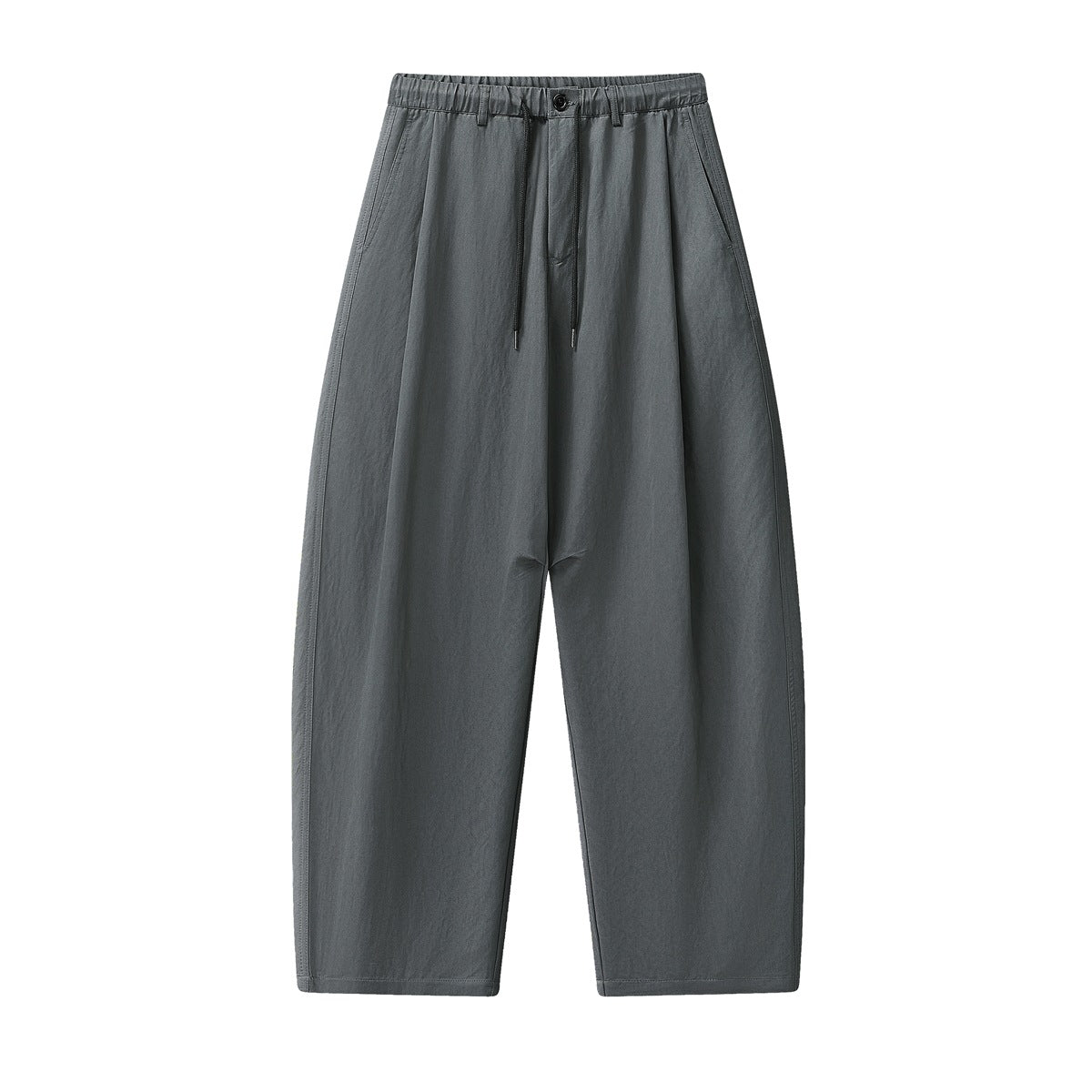 Gray wide-leg barrel pants with elastic drawstring waist, front button, pleats and side pockets, flat lay front view