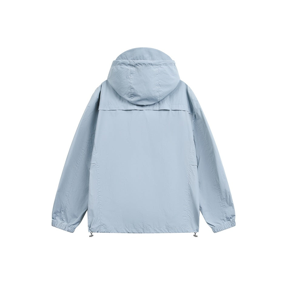 Back view of a pale blue hooded jacket with elastic cuffs and adjustable hem cords on a white background.