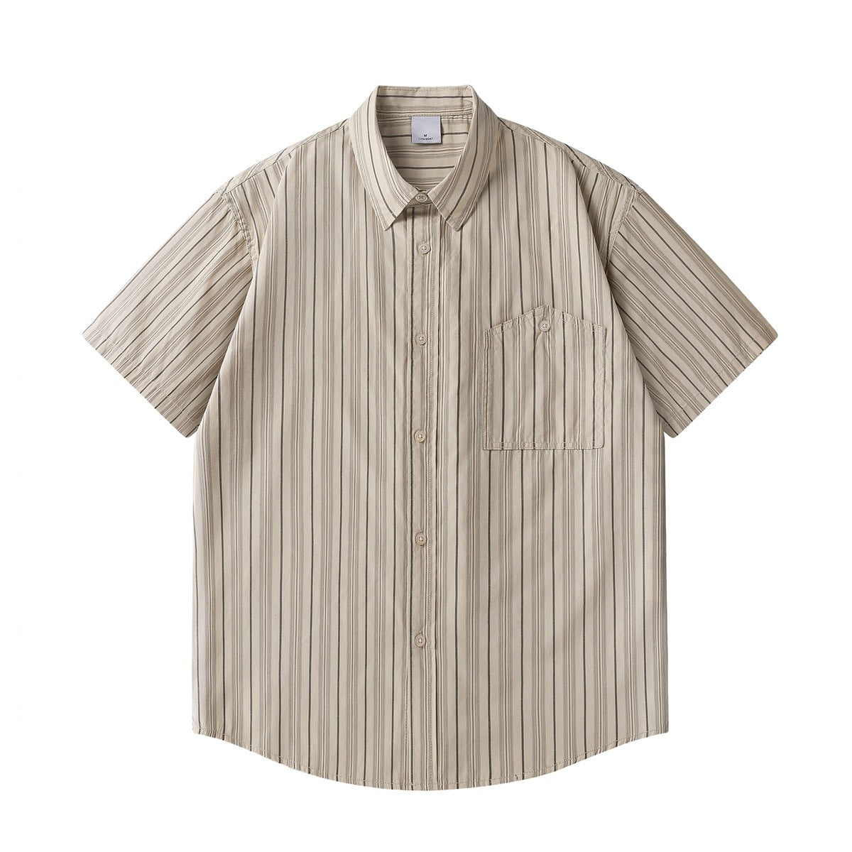 Khaki beige vertical-striped short-sleeve button-up shirt with chest pocket, flat front view