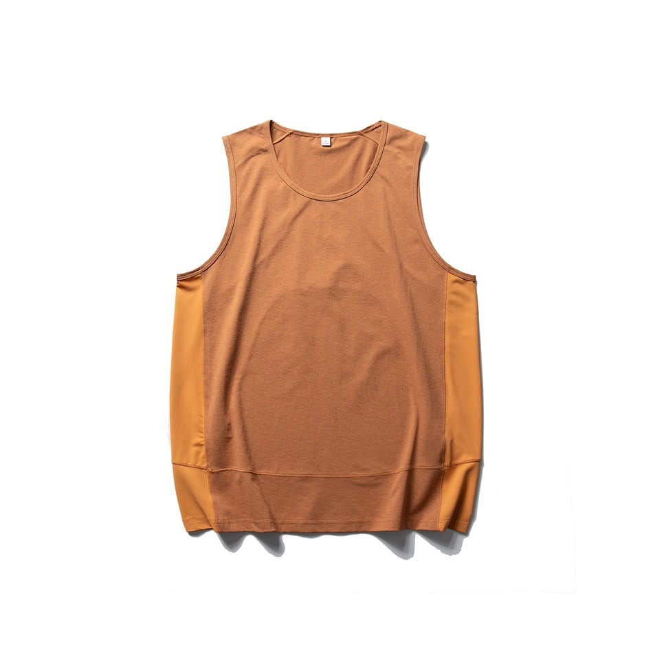 Sunset orange sleeveless tank top flat lay with brighter orange side panels and a lower hem band