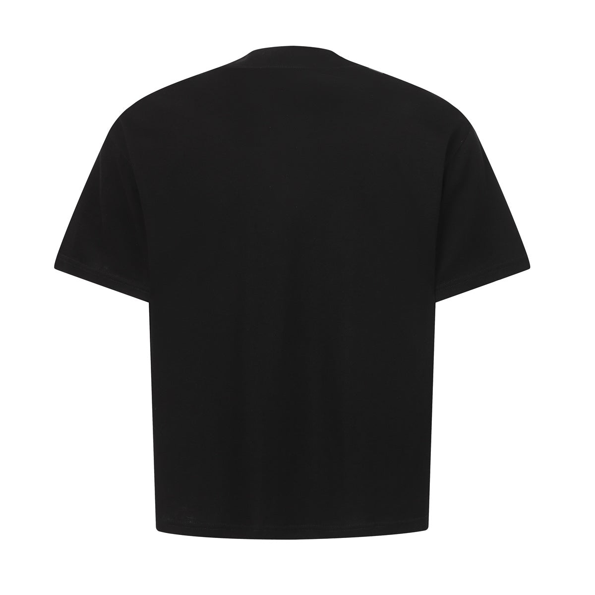 Back view of a plain black short-sleeve T-shirt.