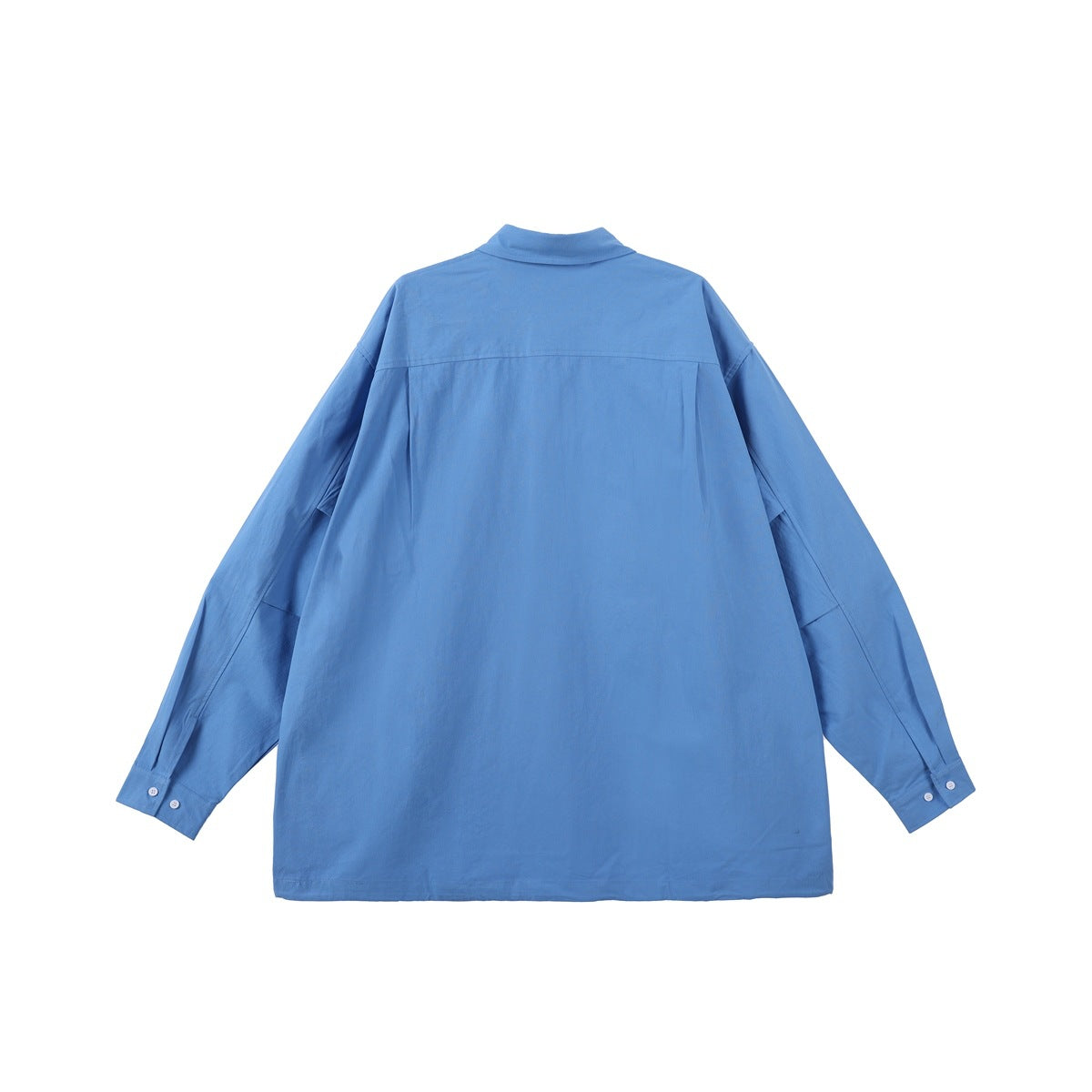 Back view of blue long-sleeve shirt flat lay showing shoulder yoke and button cuffs