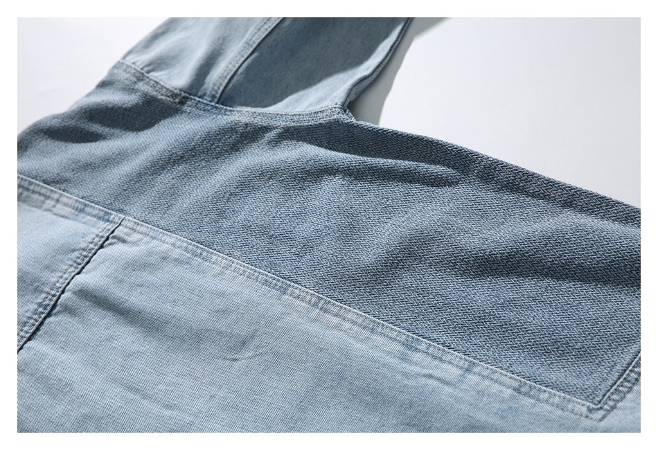 Close-up of blue denim garment panels with visible stitching and contrasting woven texture.