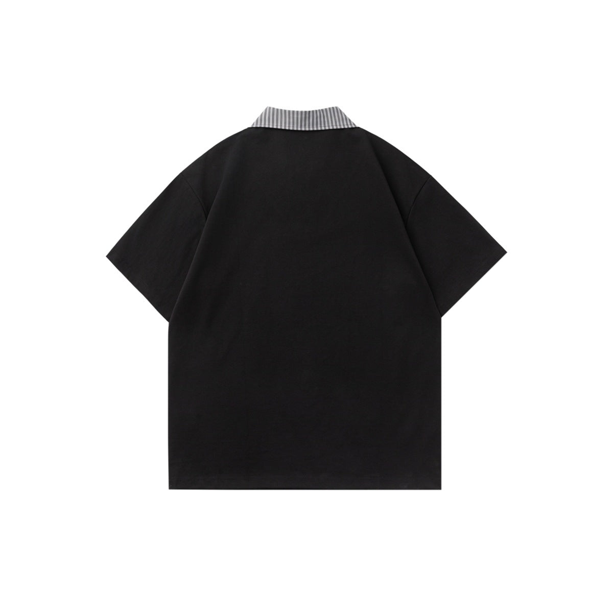 Back view of a black short-sleeve shirt with a black-and-white striped collar.