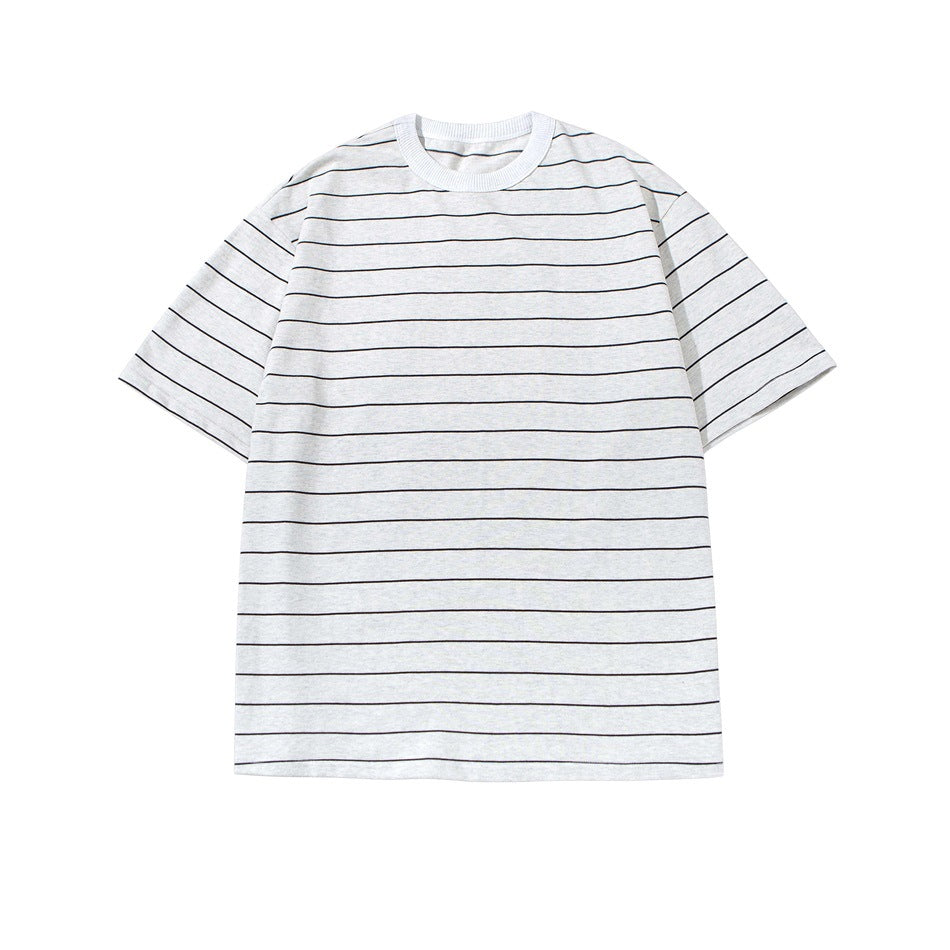 Off-white heather striped crew-neck T-shirt with thin dark stripes, front flat lay